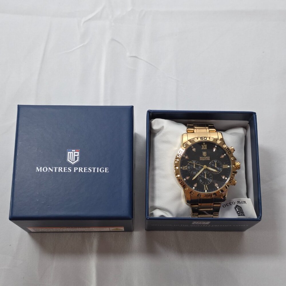 Montres Prestige MPW-0330 Gold Chronograph Style Watch Black Dial New w Box - Picture 2 of 6